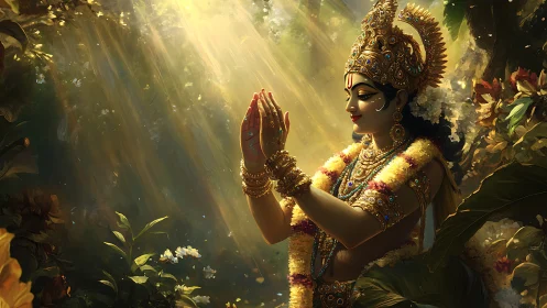 Divine figure prays in golden forest light, jeweled splendor