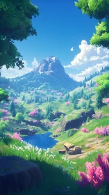 Stylized mountain valley with river and spring blossoms.