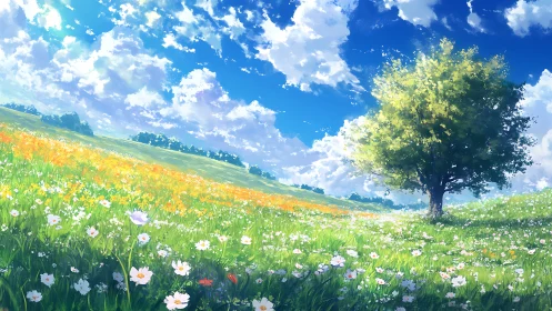 Sunlit wildflower meadow under cumulus sky with solitary tree