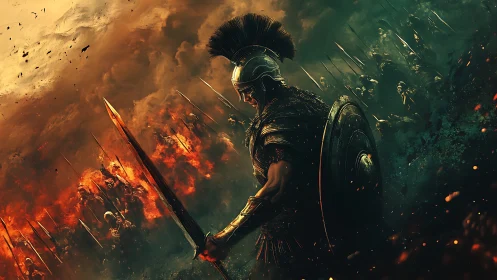 Fierce lone warrior steadies his shield amid blazing battle lines