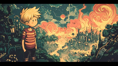Blond child observes burning city under swirling sky