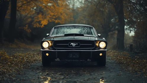 Black classic Ford Mustang parked on a forest road at dusk