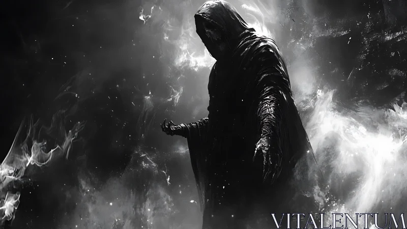 Hooded wraith emerging from swirling monochrome void.