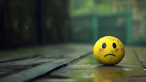 Sad yellow ball on wet pavement in muted outdoor setting.