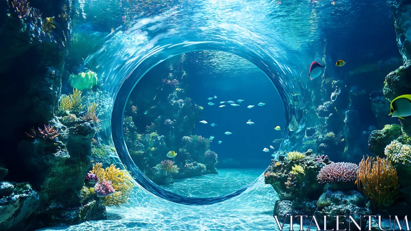 Surreal underwater portal shimmers amid vibrant coral reef