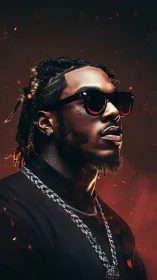 Cinematic hip hop portrait with bokeh embers and rim lighting.