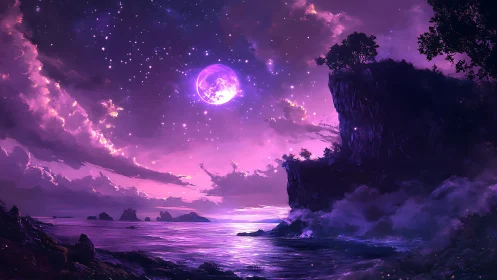 Fantasy seascape under violet moonlit sky, digital painting.