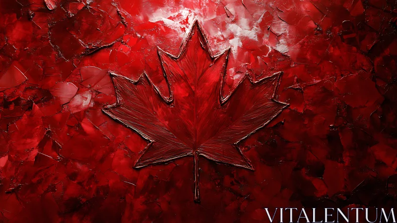 Textured red maple leaf emerges from abstract oil canvas.