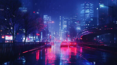 Rainy neon city street with cars under glowing lights.