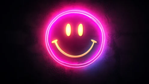 Neon magenta smiley face sign on dark textured plaster wall