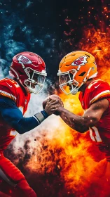 Fiery football rivals lock hands in a dramatic faceoff moment