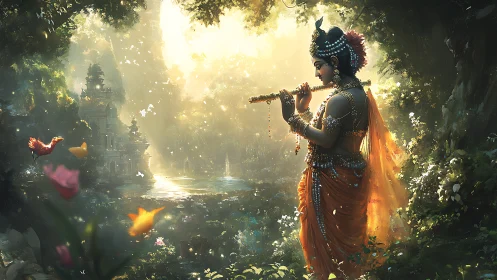 Divine flutist stands in glowing forest beside river temple.
