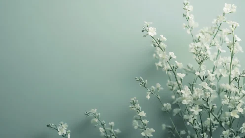 Delicate white flowers blooming against soft mint green background