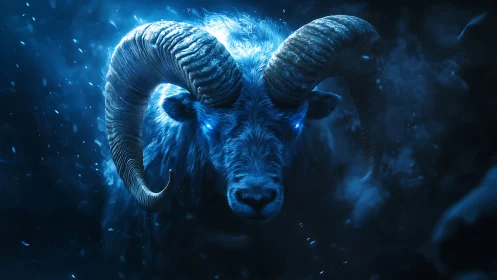 Mythic ram glows with electric blue eyes in frozen storm