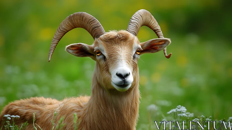 Horned goat in green meadow with blurred wildflower backdrop.