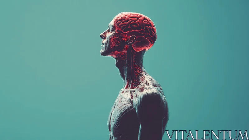 Human anatomical profile with exposed brain in teal space.