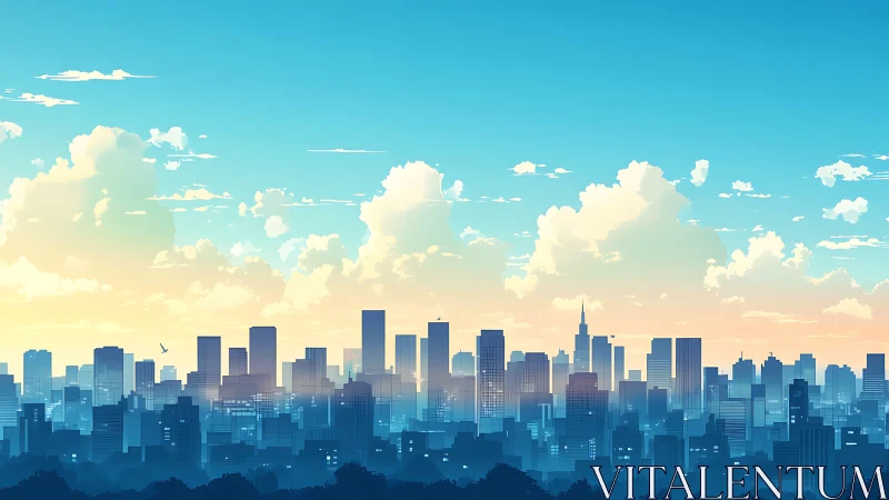 City skyline shows layered blue towers under bright clouds