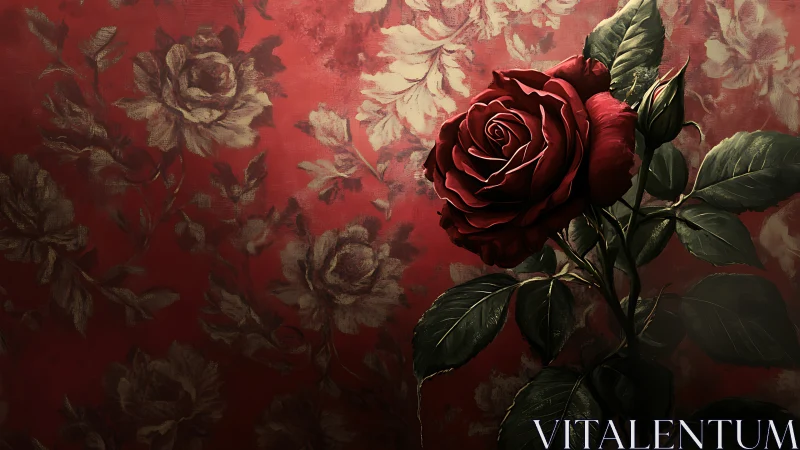 Deep Crimson Rose: Digital Botanical Study Against Damask Wallpaper.