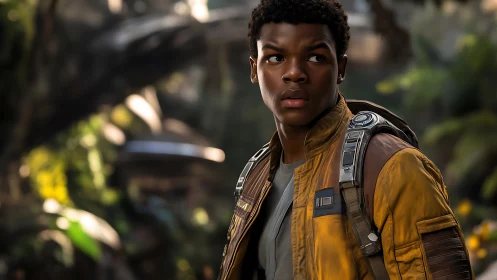 Young space explorer pauses in a lush, mysterious jungle.