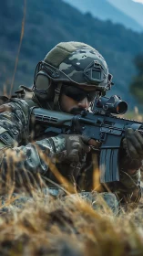 Camouflaged patience steadies a rifle in mountain silence