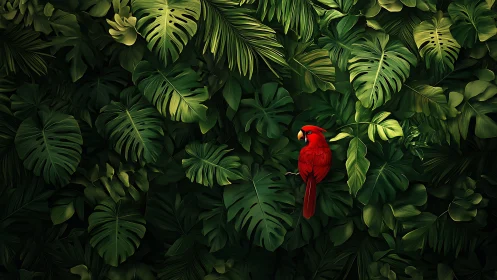 Red parrot perches against dense layered tropical foliage