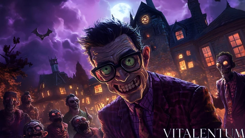 Eerie nerdy zombie leads undead horde at haunted mansion night.