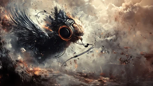 Digital painting of winged headset creature in storm cloudscape.