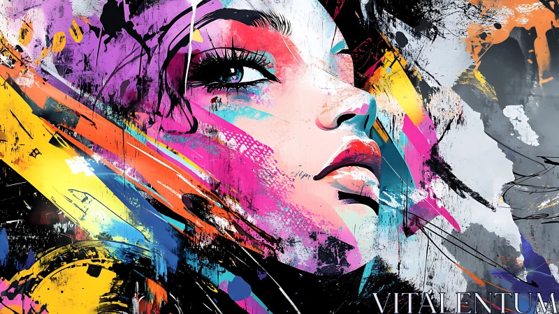 Vivid neon portrait erupts through dynamic graffiti strokes.