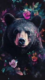 Floral crowned bear portrait in luminous digital bloom.