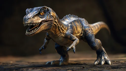 Dinosaur stands on rocky ground with detailed textured skin