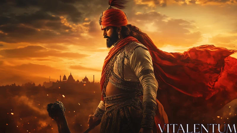 Warrior prince surveys burning battlefield at dramatic sunset