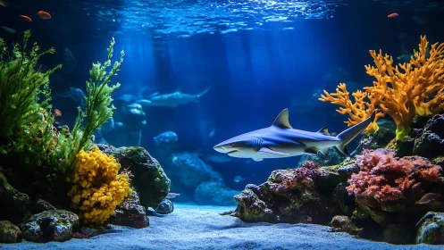 Shark gliding through vivid coral reef in blue aquarium.