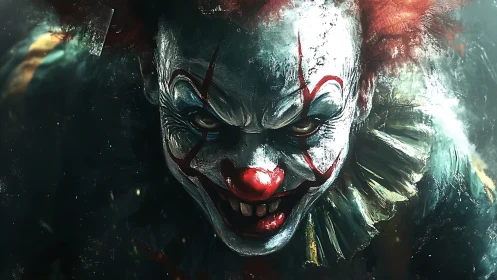 Sinister clown portrait with intense glare and sharp grin.