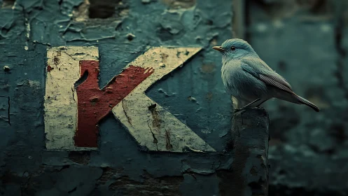 Passerine Bird Perched on Weathered Industrial Signage with Rust Patina