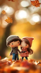 Autumn Romance: Stylized Characters in Seasonal Bokeh Scene.