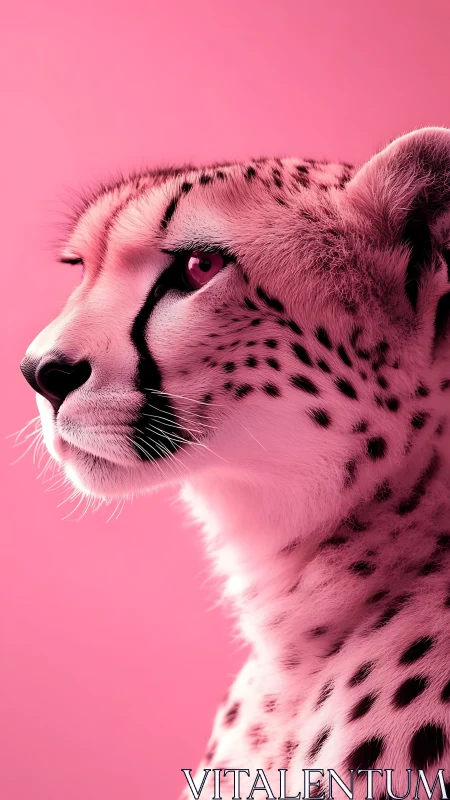 Profile view of cheetah against solid pink studio background.