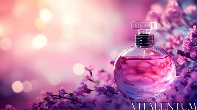 Glass perfume bottle stands among pink and purple flowers