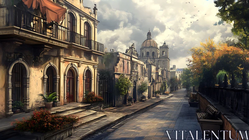 Sunlit neoclassical street with distant cathedral rendered realistically