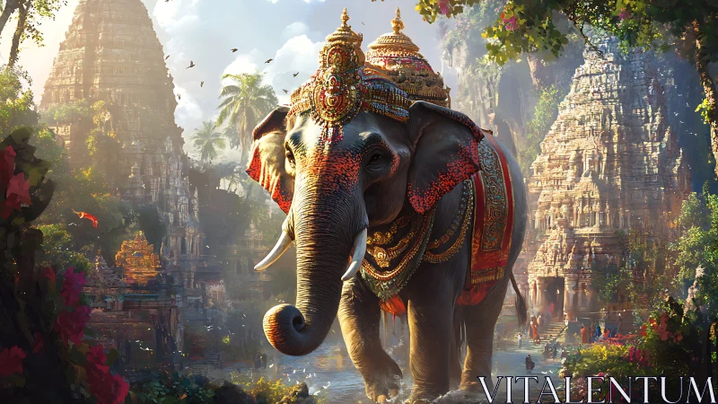 Regal decorated elephant walking through ancient temple city