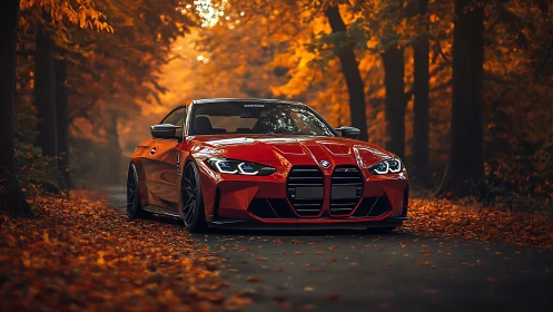 Red performance coupe is positioned on a forest road