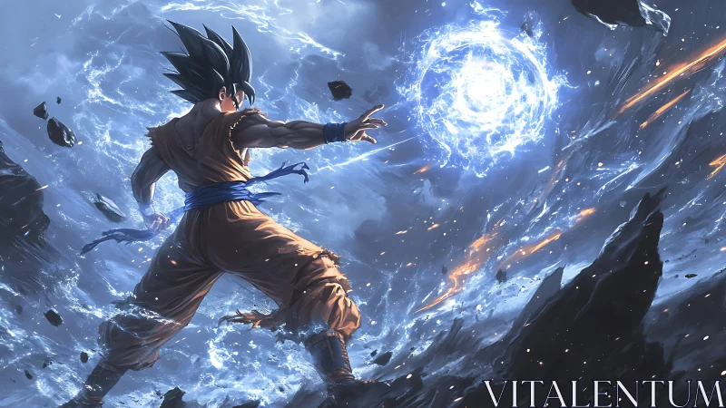 Saiyan warrior channels dense blue energy amid shattered sky