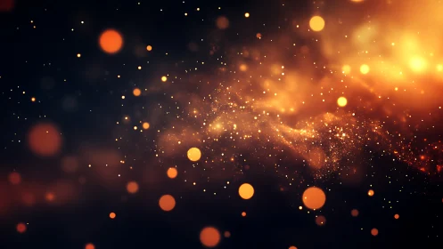 Orange bokeh particles on dark gradient background field.