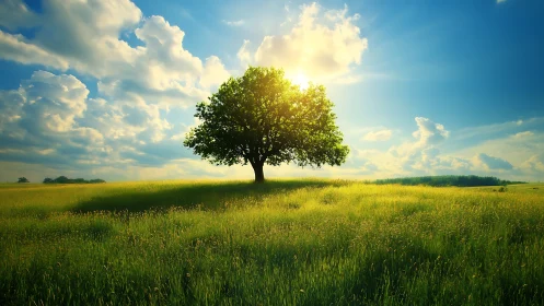 Solitary meadow tree drinks sunlight from a vast blue sky