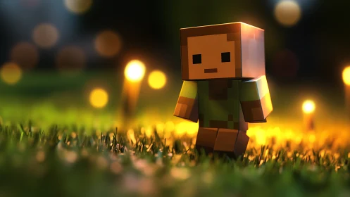 Cozy blocky adventurer wandering through a glowing lawn.