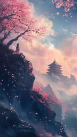 Solitary robed figure on cliff with cherry blossoms and pagoda