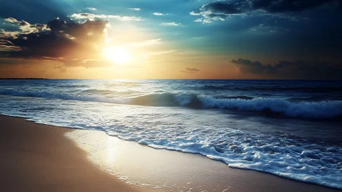 Sunset light intersects low waves along a smooth shoreline