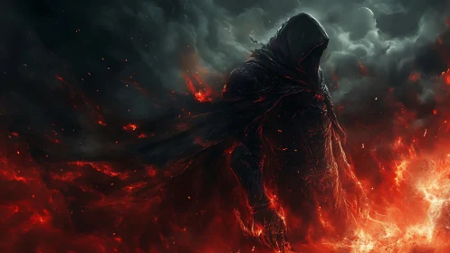 Shadowed firewalker rising from stormlit embers of night.