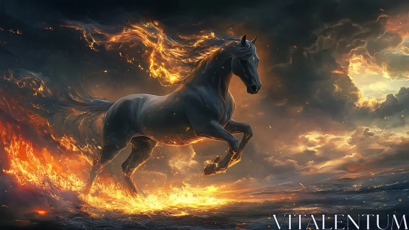 Fiery celestial horse charges through stormlit inferno sky