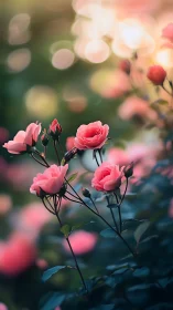 Pink Roses in Soft Bokeh Garden Light.