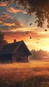 Rural timber cabin under stratified sunset sky gradient.